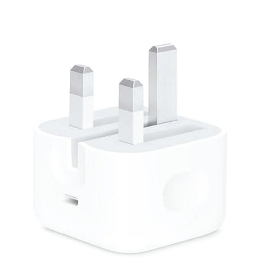 A white Apple 20W USB-C power adapter with a 3-pin plug design.