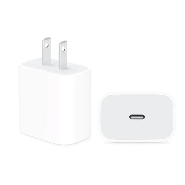 White power adapter and USB-C charging cable on a white background