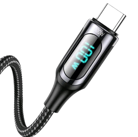 Black charging cable with digital display on a white background